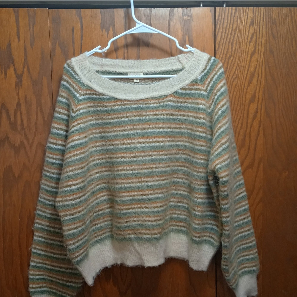POL Cozy Striped Sweater in Green and Cream